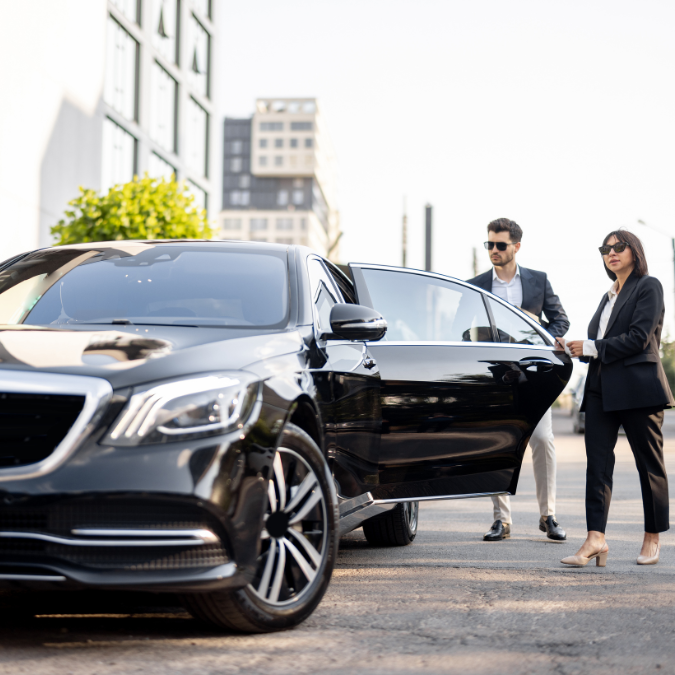 Airport Butler employee showing a guest to their pre arranged transportation